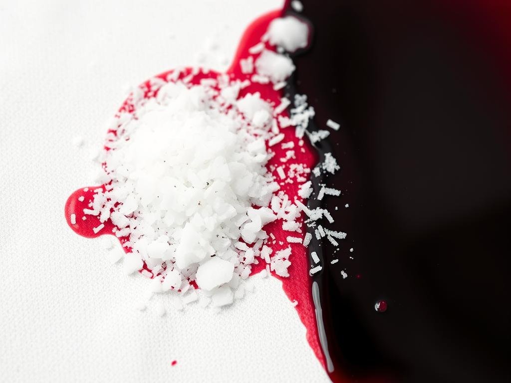 Sal sendo aplicado sobre mancha recente de vinho tinto