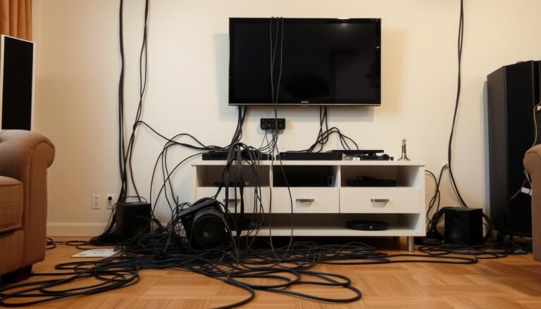 Sala com fios e cabos aparentes criando uma bagunça visual