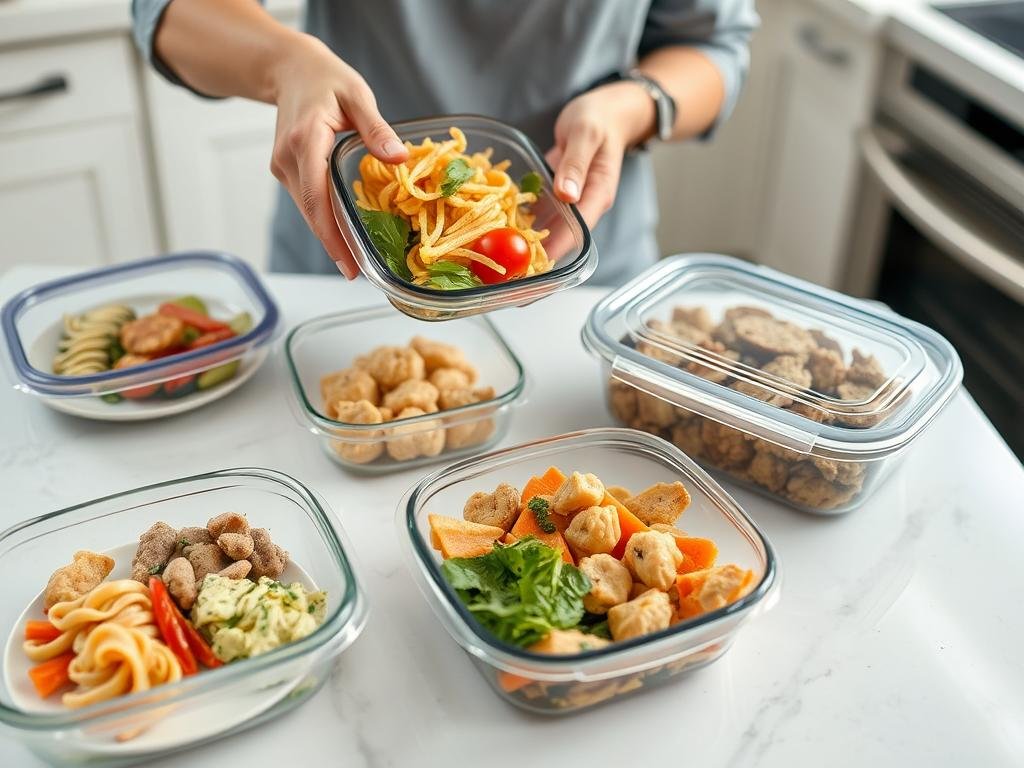 Sobras de refeição sendo armazenadas em recipientes de vidro com tampa hermética, mostrando como conservar alimentos na geladeira