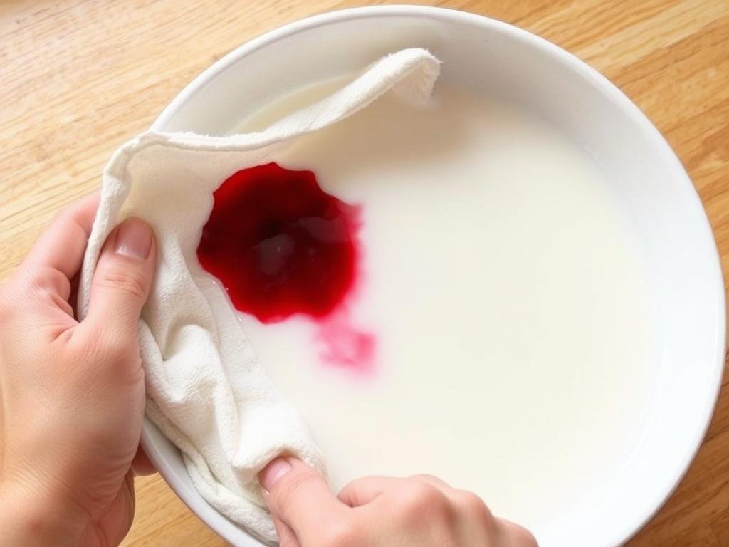 Tecido com mancha de vinho sendo mergulhado em leite morno