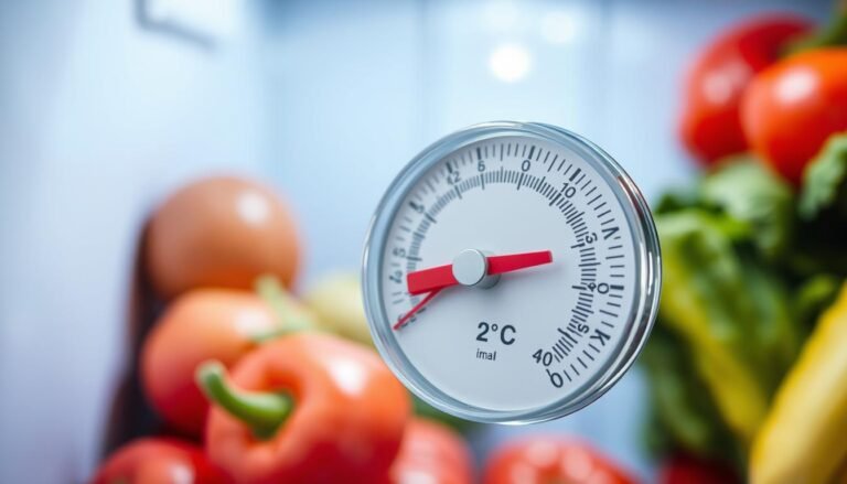 Termômetro de geladeira mostrando a temperatura ideal entre 1°C e 5°C para conservar alimentos na geladeira