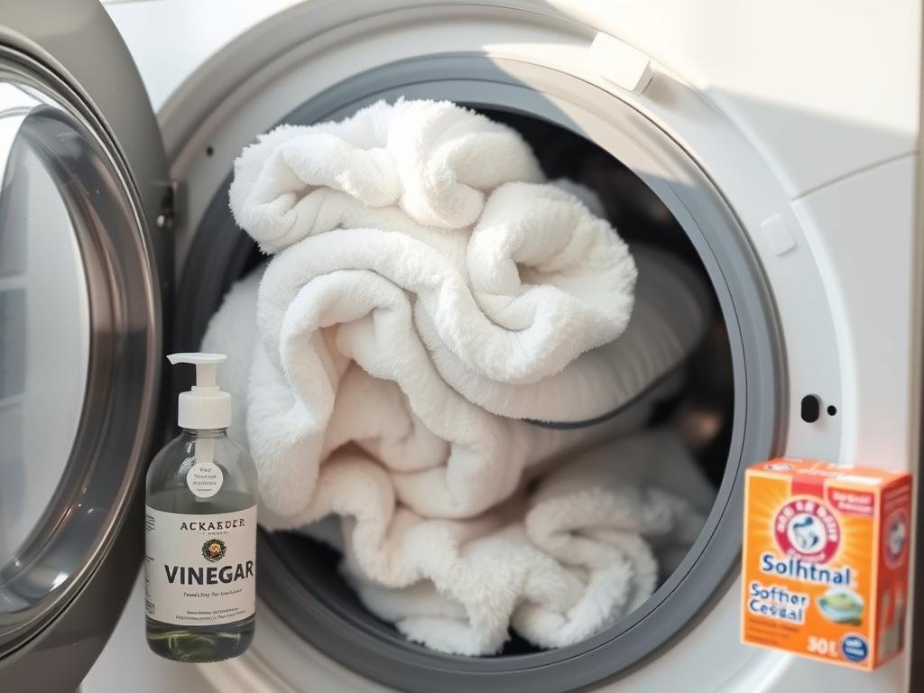 Toalhas sendo amaciadas com vinagre e bicarbonato na máquina de lavar
