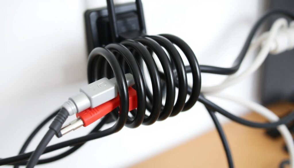 Tubo espiral organizador agrupando múltiplos cabos