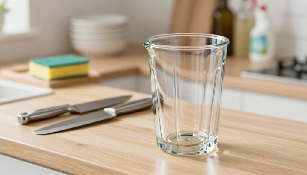 A beautifully arranged kitchen counter featuring a transparent, pristine glass blending jar (copo) in the foreground, showcasing its sleek design and clean interior after a thorough washing. The jar is positioned on a light-colored wooden surface, reflecting gentle ambient lighting that emphasizes its clarity. In the middle ground, a set of sharp, well-maintained stainless steel blades rests beside the jar, highlighting their shiny finish and precision. The background is softened with a blurred view of kitchen tools, such as sponges and cleaning sprays, suggesting cleanliness and organization. The atmosphere is fresh and inviting, conveying the ease and efficiency of cleaning the blender components. Use natural lighting to enhance the fresh, clean character of the scene. A beautifully arranged kitchen counter featuring a transparent, pristine glass blending jar (copo) in the foreground, showcasing its sleek design and clean interior after a thorough washing. The jar is positioned on a light-colored wooden surface, reflecting gentle ambient lighting that emphasizes its clarity. In the middle ground, a set of sharp, well-maintained stainless steel blades rests beside the jar, highlighting their shiny finish and precision. The background is softened with a blurred view of kitchen tools, such as sponges and cleaning sprays, suggesting cleanliness and organization. The atmosphere is fresh and inviting, conveying the ease and efficiency of cleaning the blender components. Use natural lighting to enhance the fresh, clean character of the scene.
