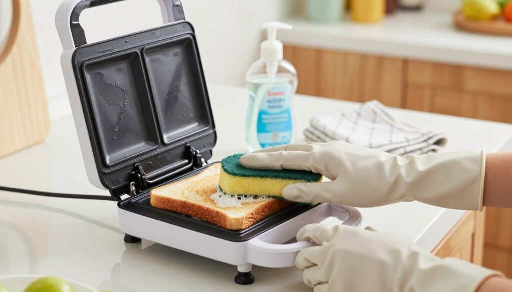 A clean and shiny sandwich maker sits on a kitchen counter, in a bright, well-lit environment, reflecting the key cleaning process. In the foreground, a pair of hands wearing modest, casual gloves hold a soft sponge soaked in a clear dish soap, ready to scrub the interior of the appliance. The bread plates are slightly open, showing the smooth, non-stick surface, with soap bubbles visible on the sponge. In the middle, a bottle of neutral detergent is placed next to the sandwich maker, with a light kitchen towel nearby. The background features a cozy kitchen setting with soft-focus elements like wooden cabinets and colorful utensils, creating a warm and inviting atmosphere that suggests cleanliness and organization. The image should be shot from a slight overhead angle to emphasize the cleaning action. A clean and shiny sandwich maker sits on a kitchen counter, in a bright, well-lit environment, reflecting the key cleaning process. In the foreground, a pair of hands wearing modest, casual gloves hold a soft sponge soaked in a clear dish soap, ready to scrub the interior of the appliance. The bread plates are slightly open, showing the smooth, non-stick surface, with soap bubbles visible on the sponge. In the middle, a bottle of neutral detergent is placed next to the sandwich maker, with a light kitchen towel nearby. The background features a cozy kitchen setting with soft-focus elements like wooden cabinets and colorful utensils, creating a warm and inviting atmosphere that suggests cleanliness and organization. The image should be shot from a slight overhead angle to emphasize the cleaning action.