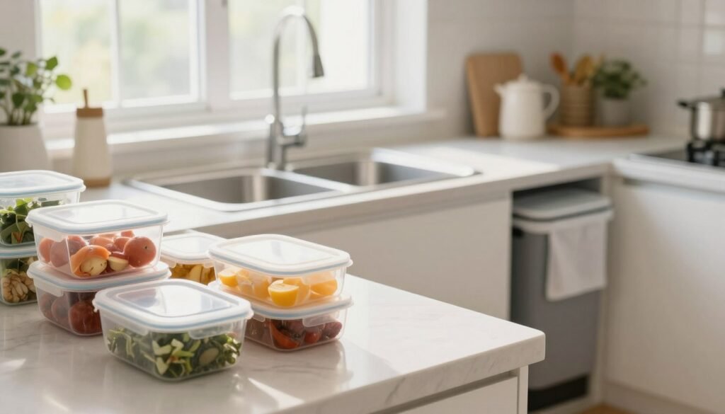 A clean and well-organized kitchen featuring an inviting atmosphere, emphasizing the importance of cleanliness in preventing mosquito breeding. In the foreground, a tidy kitchen counter with neatly stored food items in sealed containers. The middle ground showcases a sparkling kitchen sink with no standing water, and organized trash bins with lids to keep waste covered. The background reveals sunlight filtering through a window, enhancing the bright and airy feel of the room. The overall mood is fresh and hygienic, conveying a sense of domestic bliss and attention to cleanliness. Use a soft focus for a warm, welcoming ambiance, as if inviting viewers into an efficient, mosquito-free home.