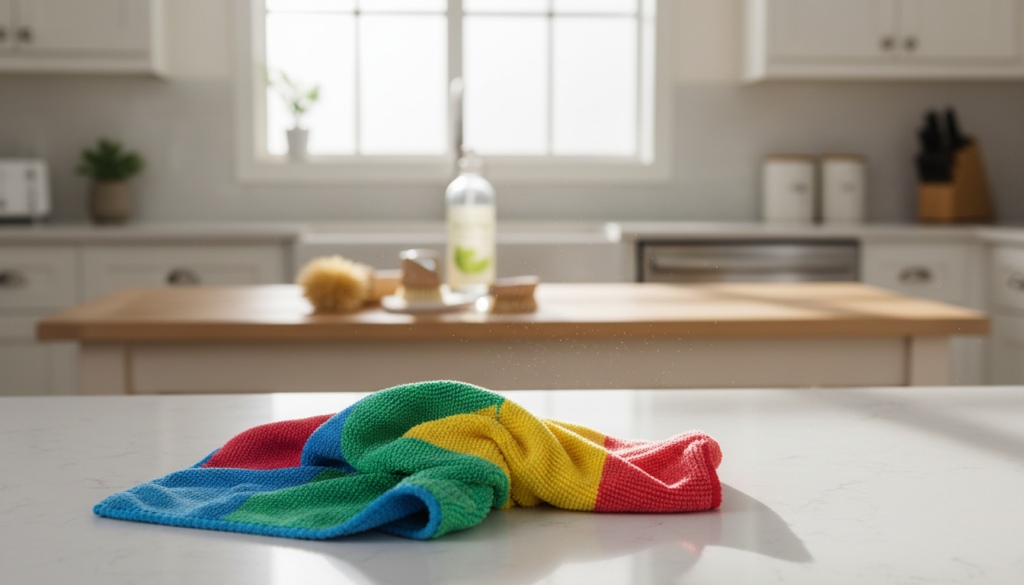 A clean, vibrant kitchen countertop is the foreground, showcasing a plush, colorful microfiber cleaning cloth neatly folded, with a few dust particles visible in the air, glimmering in sunlight. In the middle ground, a wooden table holds various cleaning supplies, including a bottle of eco-friendly spray and a duster, arranged neatly. The background features a softly blurred kitchen setting with cabinets and a window allowing natural light to illuminate the scene, creating a warm and inviting atmosphere, suggesting cleanliness and organization. The image should be captured at a slight overhead angle, with soft focus to emphasize the texture of the microfiber cloth and the freshness of the environment, evoking a feeling of efficiency and effectiveness in dust removal.