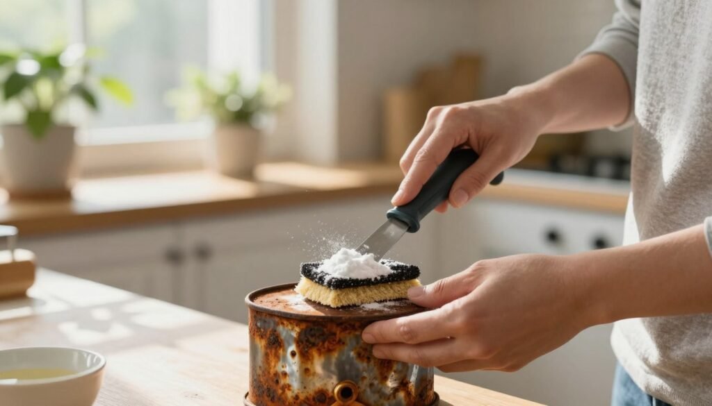A close-up view of a domestic setting where rust removal is taking place. In the foreground, a person wearing modest casual clothing is using a natural rust remover made from vinegar and baking soda. The individual's hands are gently scrubbing a small, rusted metal item, showcasing the effectiveness of the solution. The background features a bright, well-lit kitchen with plants on the windowsill, adding a fresh atmosphere. The sunlight streams through the window, casting soft shadows and illuminating the rust removal process, creating a warm and inviting ambiance. The focus is sharp on the rust remover in use, conveying a sense of hopefulness and practicality in tackling rust issues around the home.