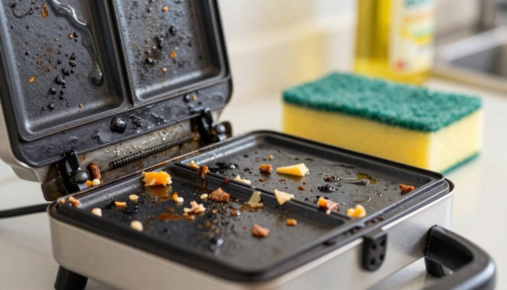 A close-up view of a heavily used grill sandwich maker with visible food residues and grease clinging to its surfaces. This image should focus on the intricate details of the burnt crumbs and oily stains, highlighting the challenge of cleaning. In the foreground, the grill plates are slightly opened, showcasing stuck-on bits of cheese and meat. The middle ground features a cleaning sponge, showing worn edges and a hint of cleaning solution, positioned next to the grill to suggest the cleaning process. The background softly blurs out kitchen elements, such as a countertop and a bottle of dish soap, illuminated by warm, natural lighting to create an inviting atmosphere. The overall mood should convey a sense of determination in achieving kitchen cleanliness without damaging the appliance. A close-up view of a heavily used grill sandwich maker with visible food residues and grease clinging to its surfaces. This image should focus on the intricate details of the burnt crumbs and oily stains, highlighting the challenge of cleaning. In the foreground, the grill plates are slightly opened, showcasing stuck-on bits of cheese and meat. The middle ground features a cleaning sponge, showing worn edges and a hint of cleaning solution, positioned next to the grill to suggest the cleaning process. The background softly blurs out kitchen elements, such as a countertop and a bottle of dish soap, illuminated by warm, natural lighting to create an inviting atmosphere. The overall mood should convey a sense of determination in achieving kitchen cleanliness without damaging the appliance.