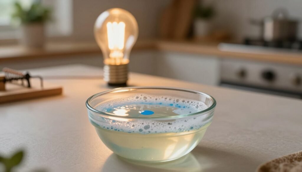A close-up view of a simple homemade trap for mosquitoes using vinegar and dish soap. In the foreground, a glass bowl filled with a mixture of clear vinegar and a few drops of blue dish soap, creating a light frothy layer on top. The middle ground features a small, glowing lightbulb nearby, casting warm, inviting light that contrasts with the cool tones of the vinegar trap. In the background, a blurred kitchen setting, with a table and potted plants, suggesting a cozy home environment. The mood is serene yet purposeful, emphasizing the effectiveness of this simple solution against mosquitoes. The lighting is soft and warm, highlighting the details of the trap without distractions.