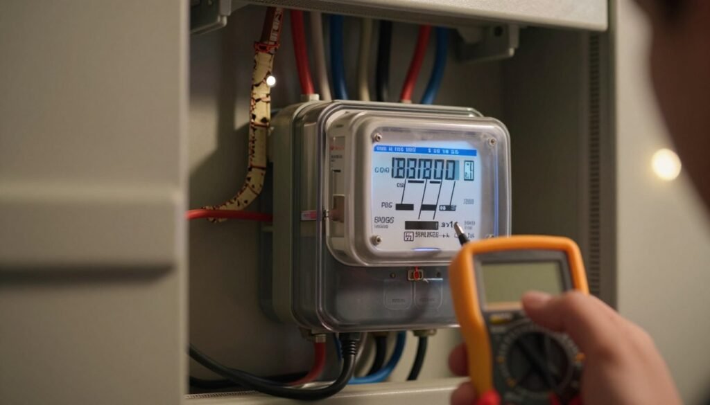 A close-up view of an electrical meter displaying irregular fluctuations, emphasizing energy leakage. In the foreground, include a hand holding a multimeter, inspecting the meter's readings. The middle ground features wires and electrical panels with visible insulation damage, suggesting points of energy loss. In the background, a dimly lit room with flickering lights creates a sense of concern about rising energy bills. The scene should have a warm yet urgent atmosphere, with soft, ambient lighting emphasizing the tension of the situation. Use a shallow depth of field to focus on the multimeter and meter while blurring the background, shot at an eye-level angle to facilitate viewer engagement with the subject matter.