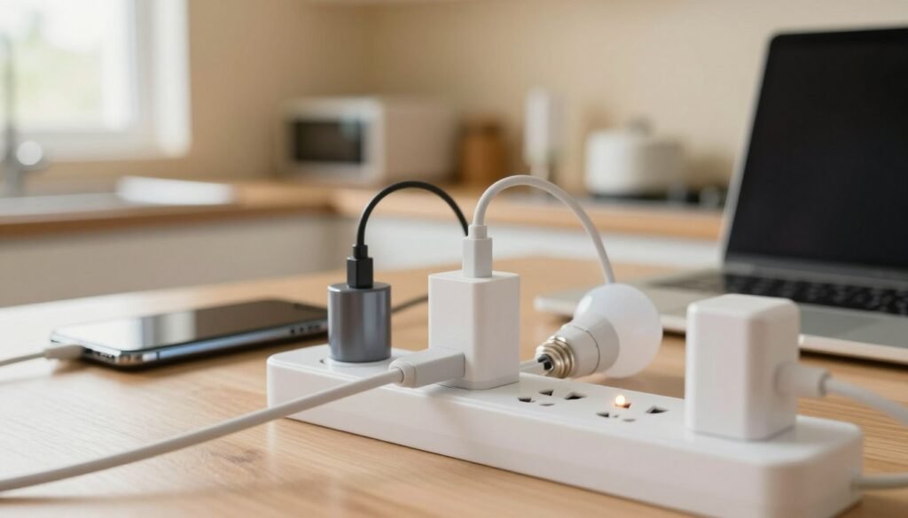 A close-up view of an electrical socket with several devices plugged in, including a smartphone charger, a laptop power adapter, and an energy-efficient LED light bulb. The foreground features the socket, showing visible energy consumption indicators like a small glowing light or digital meter reflecting standby power usage. In the middle ground, a soft-focus kitchen countertop is visible, cluttered with other appliances, hinting at common household gadgets. The background includes a warm-toned wall, softly illuminated by natural light from a nearby window, creating a cozy atmosphere that encourages awareness about energy savings. The image is brightly lit to emphasize the importance of understanding energy consumption, with an overall mood of calm and reflection on energy efficiency.