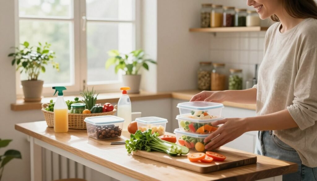A cozy, inviting kitchen scene showcasing practical home economy tricks for reducing waste. In the foreground, a cheerful person in casual clothing is neatly organizing reusable containers and fresh produce, with a wooden chopping board displaying cut vegetables. In the middle ground, a small kitchen table is filled with eco-friendly cleaning supplies and DIY storage solutions like jars and baskets. The background features a sunny window with plants and herbs, and shelves filled with labeled jars of ingredients. Warm, natural lighting floods the room, creating a bright and uplifting atmosphere, emphasizing a simple yet efficient lifestyle. The overall mood is one of warmth, simplicity, and practicality.