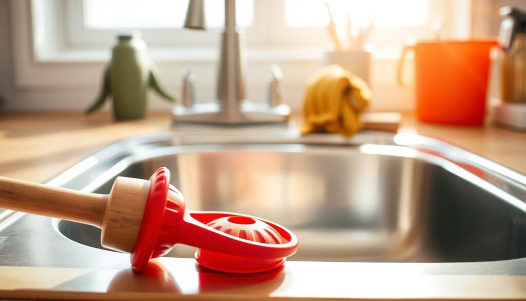A detailed view of a practical plumbing tool, specifically a sink plunger, positioned prominently in the foreground. The plunger features a sturdy wooden handle and a bright red rubber suction cup, illustrating its purpose clearly. In the middle ground, a clean kitchen sink with a stainless steel finish reflects soft, natural lighting streaming in from a nearby window, creating a warm, inviting atmosphere. The background subtly showcases a variety of household tools, such as a pair of gloves and a bucket, arranged on a wooden countertop. The scene conveys a sense of cleanliness and readiness, perfect for illustrating effective methods to unclog a sink. Emphasize a bright and well-lit environment, with a focus on the plunger as the central subject of the image.