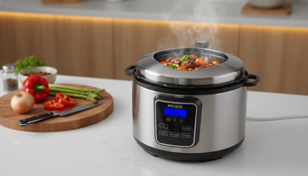 A modern electric pressure cooker, specifically the MTA 6020 model, is prominently displayed in the foreground, showcasing its sleek stainless steel finish and a transparent viewing window, allowing an enticing glimpse of a bubbling stew inside. The pressure cooker is placed on a stylish kitchen countertop, clutter-free, enhancing its contemporary look. In the middle ground, soft kitchen elements like a wooden cutting board with fresh vegetables and a culinary knife add a warm touch. The background features softly blurred kitchen cabinets and warm lighting that creates an inviting atmosphere. The image captures a cozy cooking moment, with the angle slightly above eye level for a detailed view of the cooker and its surroundings, accentuating its functionality and design.