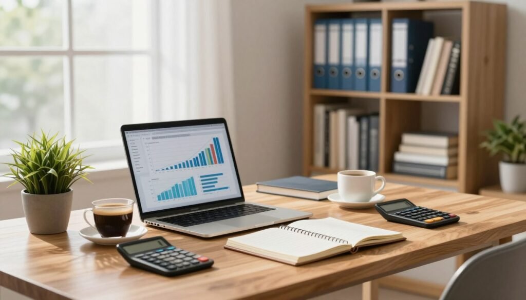 A modern home office scene focused on financial organization. In the foreground, an elegant wooden desk is neatly arranged with a laptop displaying financial graphs, a stylish planner, and a calculator. To the side, a cup of coffee sits next to a potted plant, adding a touch of greenery. In the middle ground, a bookshelf filled with neatly organized binders and finance books adds depth. The background features a large window with soft, natural light streaming in, creating a warm and inviting atmosphere. The scene is framed with a slight angle, providing a dynamic view of the workspace, evoking a sense of productivity and clarity, perfect for domestic finance management.
