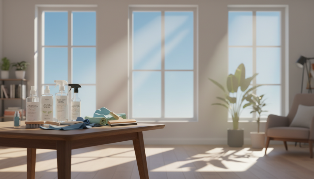 A serene, sunlit room featuring large, spotless windows showcasing a clear blue sky outside. In the foreground, a modern cleaning kit with eco-friendly cleaning solutions and microfiber cloths neatly arranged on a wooden table, reflecting a sense of preparation. The middle ground focuses on one window pane, highlighting the glistening surface that emphasizes transparency and cleanliness. Sunbeams streaming through the glass create a warm, inviting atmosphere, casting soft shadows on the floor. The background features soft, blurred plants and a calm interior, conveying a peaceful setting for cleaning. The overall mood is fresh and organized, inviting the viewer to engage in the art of window cleaning effectively.