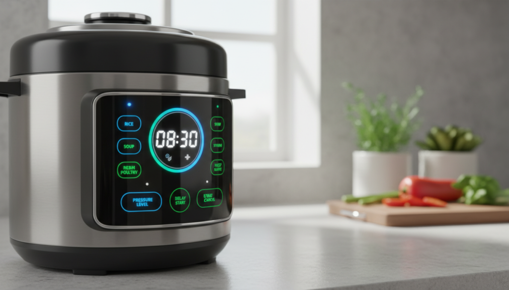 A sleek, modern digital control panel for a pressure cooker, prominently featured in the foreground. The panel displays illuminated buttons and a digital clock, showcasing various cooking presets in vibrant colors like blue and green. The middle ground includes the elegantly designed electric pressure cooker itself, made of brushed stainless steel, casting subtle reflections. A kitchen countertop serves as the background, with soft natural light filtering in from a nearby window, creating a warm and inviting atmosphere. The scene is captured with a shallow depth of field, emphasizing the digital panel while slightly blurring the background. The overall mood evokes a sense of innovation and efficiency, ideal for home cooking enthusiasts.