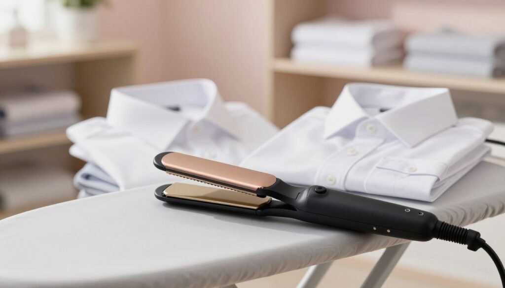 A sleek, modern hair straightener (chapinha) placed elegantly on an ironing board, with close-up focus on its glossy surface reflecting ambient light. In the foreground, the straightener's plates glisten while its ergonomic handle is visible. In the middle ground, neatly pressed collars, cuffs, and hems of crisp white dress shirts, showcasing the benefits of using the chapinha for precise touch-ups. The background features a softly lit, minimalistic laundry room with pastel-colored walls and shelves filled with neatly folded clothes, enhancing a tidy and organized atmosphere. Soft, natural lighting filters in from a nearby window, casting gentle shadows that evoke a calm and focused mood, ideal for perfecting garment details.