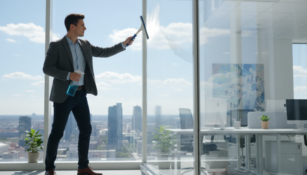 A well-dressed professional holding a squeegee and a spray bottle is cleaning a large, clear window in a modern office setting. In the foreground, focus on the individual in a smart, casual outfit, demonstrating precise cleaning techniques, with a glistening section of the window reflecting natural light. The middle layer showcases the sparkling clean window with reflections of a bright blue sky and distant cityscape. In the background, soft-focus elements include an organized workspace with minimalistic decor and indoor plants, enhancing the ambiance. The lighting is bright and inviting, creating a fresh and productive atmosphere, emphasizing the effectiveness of proper window cleaning without streaks or smudges.