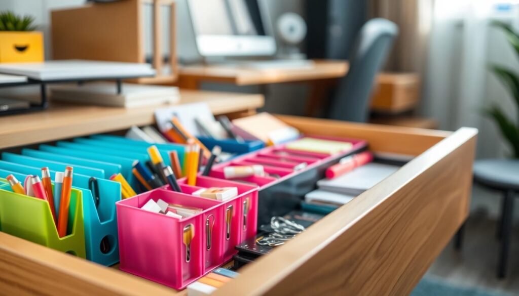 A well-organized drawer, filled with neatly arranged items showcasing various organizers like dividers and storage bins. In the foreground, colorful colmeias (organizers) are prominently displayed, each holding different office supplies and accessories like pens, sticky notes, and paperclips. The middle layer showcases the open drawer with a smooth wooden texture, allowing the viewer to see the meticulous organization inside. Soft, natural lighting filters in from an unseen window, casting gentle shadows that highlight the neat arrangement. In the background, blurred hints of a tidy workspace can be seen, suggesting a serene and productive atmosphere. The overall mood is calm and orderly, emphasizing the importance of preparation and planning in creating a functional space.