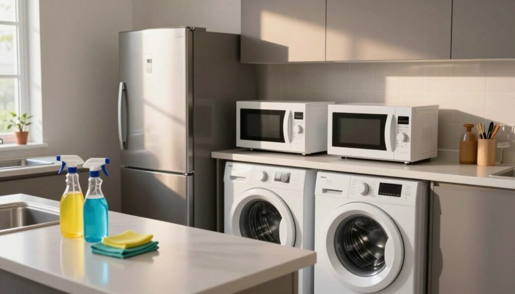 A well-organized kitchen environment featuring a variety of modern appliances designed to protect against humidity effects, showcasing a refrigerator, microwave, and washing machine. The foreground includes a bright, clean countertop with kitchen cleaning supplies like spray bottles and cloths, emphasizing the theme of home care. The middle ground displays the kitchen appliances with a soft glow, highlighting their sleek surfaces, and structured lines, while a window in the background allows natural sunlight to filter through, creating a warm and inviting atmosphere. Consider a wide-angle lens perspective to capture the entire kitchen scene, with balanced lighting to accentuate the appliances and cleaning products. The overall mood should feel calm, practical, and focused on household efficiency.