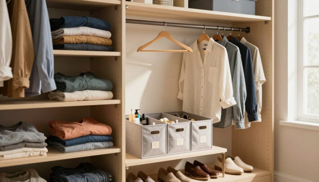 A well-organized small wardrobe showcasing efficient use of space. In the foreground, neatly arranged shelves hold folded clothes, color-coded for easy access. A stylish organizer with labeled bins for accessories and shoes adds to the functionality. In the middle, a minimalist wooden hanger displays a few pieces of clothing, emphasizing a tidy look. The background features soft, warm lighting filtering in from a nearby window, illuminating the organized space. The overall atmosphere is serene and inviting, with a touch of sophistication. Use a wide-angle lens to capture the entire wardrobe design, highlighting its practicality while maintaining an aesthetic appeal.