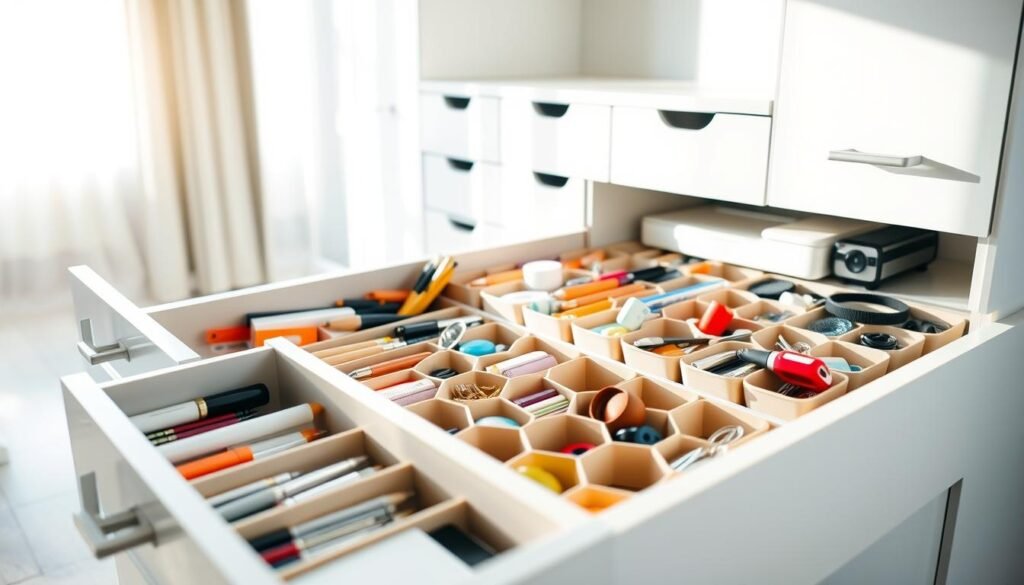 An organized array of assorted drawers displayed in a sunlit, modern home environment. In the foreground, a few open drawers reveal neatly arranged compartments filled with colorful items, such as stationery, kitchen utensils, and accessories, all sorted thoughtfully using organizer bins that resemble honeycombs. The middle section shows more closed drawers in a sleek, minimalist design with smooth finishes, providing a clean aesthetic. The background features soft, diffused natural light streaming through a nearby window, creating a warm and inviting atmosphere. Capture the image with a shallow depth of field, emphasizing the details of the organized contents, while keeping the overall composition balanced and harmonious.