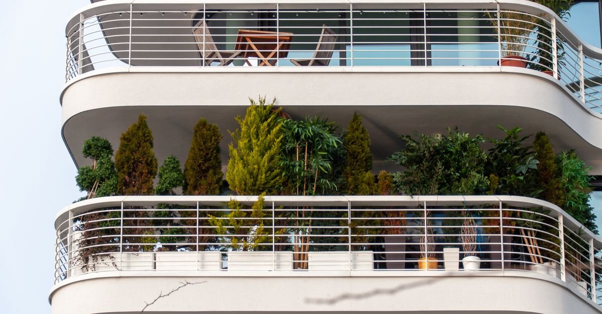 Varanda de apartamento decorada com diversas plantas verdes em vasos